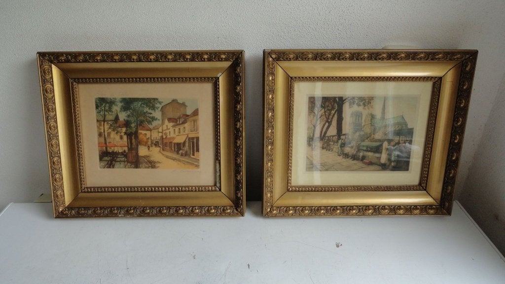Ets x 2 Place de Tertre en Quartier Latin van H. Tourneur, Gesigneerd, Ets, Stadsgezicht, Ophalen of Verzenden