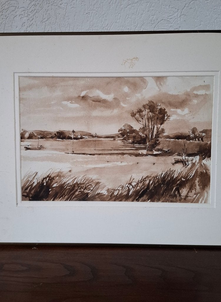 Aquarel van Hen Euverman, gesigneerd,  44x29cm, Ophalen of Verzenden, Landschap, Aquarel, Gesigneerd