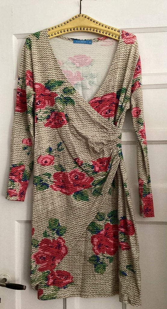 Mt M 40 Lien en Giel katoenen jersey Roos print jurk, Maat 38/40 (M), Ophalen of Verzenden, Zo goed als nieuw, Knielengte