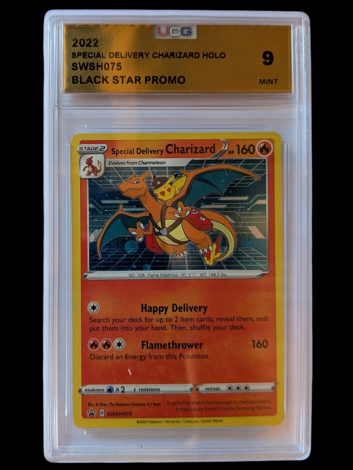 Pokémon Special Delivery Charizard Holo SWSH075 UCG 9 Mint, Ophalen of Verzenden, Zo goed als nieuw, Losse kaart, Foil