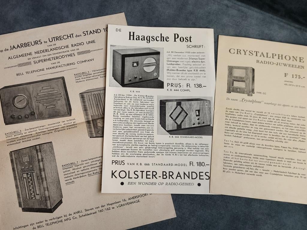 3 X FOLDERS RADIO, SUPERHETERODYNES, CRYSTALPHONE,, Antiek en Kunst, Ophalen of Verzenden
