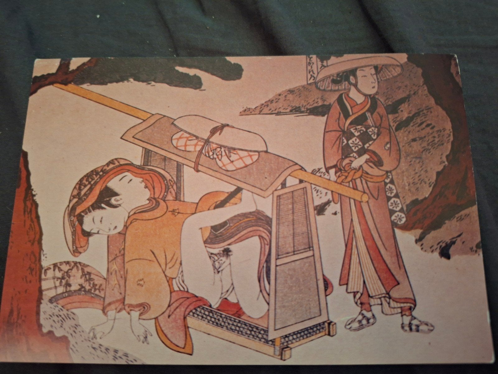 Antieke Japanse Houtsnede Print - Vrouw in Draagstoel, Antiek en Kunst, Ophalen of Verzenden, Print, Print/reproductie