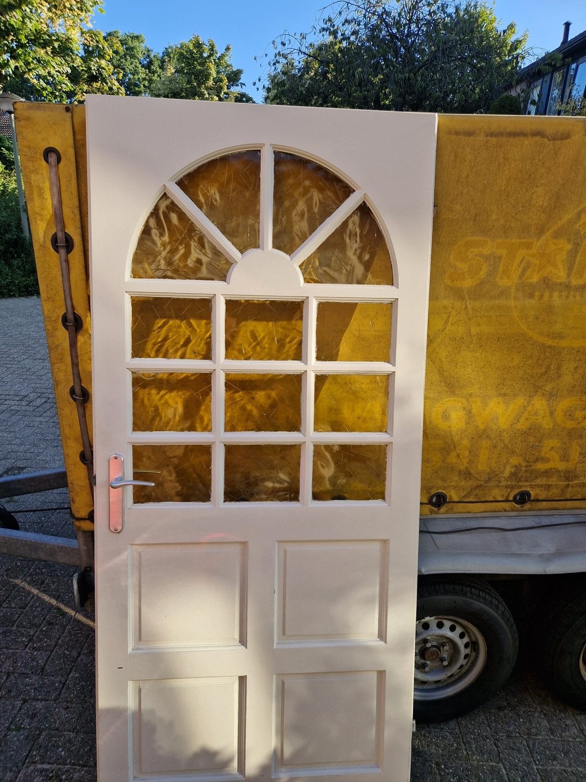 Binnendeur 90x201,5 met geel glas, Doe-het-zelf en Verbouw, Deuren en Horren, Ophalen, Gebruikt, 80 tot 100 cm, Binnendeur