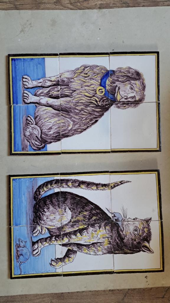 Antieke tegeltableaus kat en hond, Ophalen of Verzenden