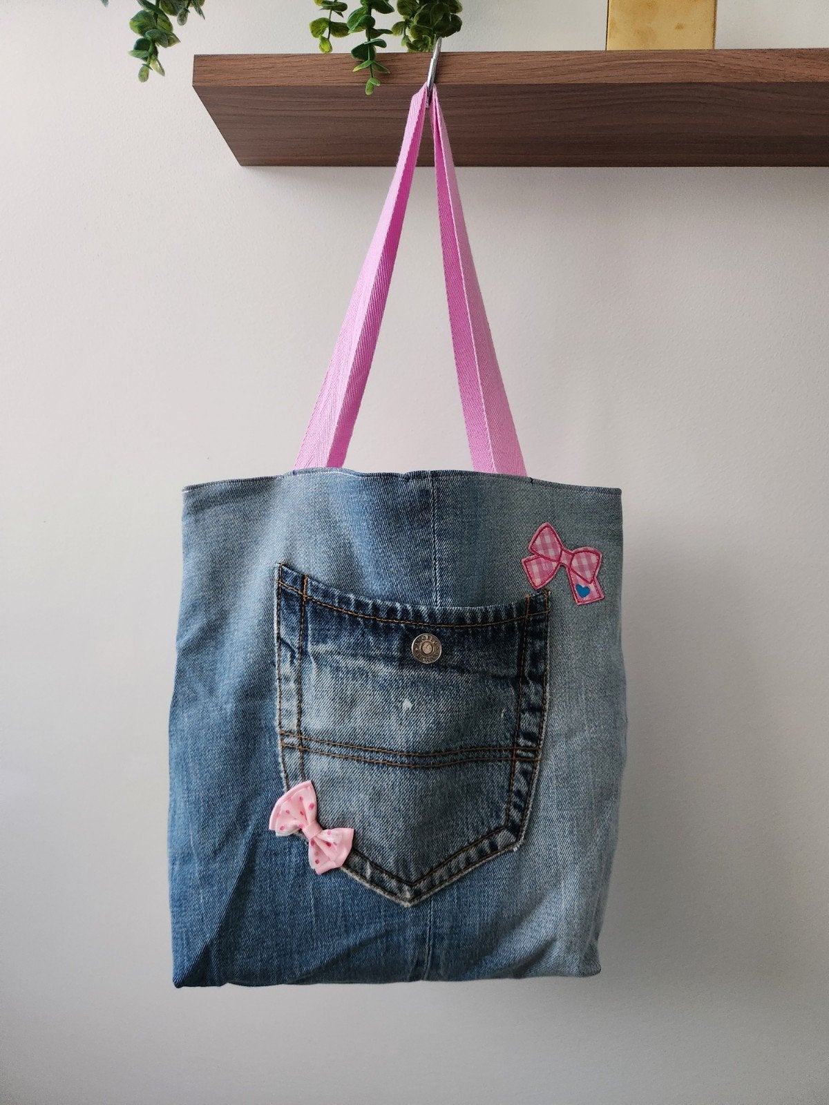 Unieke denim schoudertas / totebag met roze accenten, Ophalen of Verzenden, Gebruikt, Blauw, Shopper