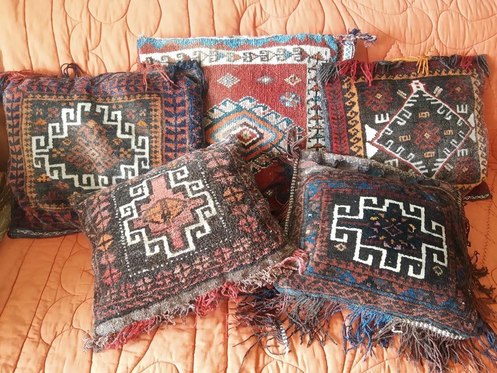 Antieke Perzische Kelim kussens, Baluch Torba kamelentas, Ophalen of Verzenden, Zo goed als nieuw, Blauw, Rechthoekig