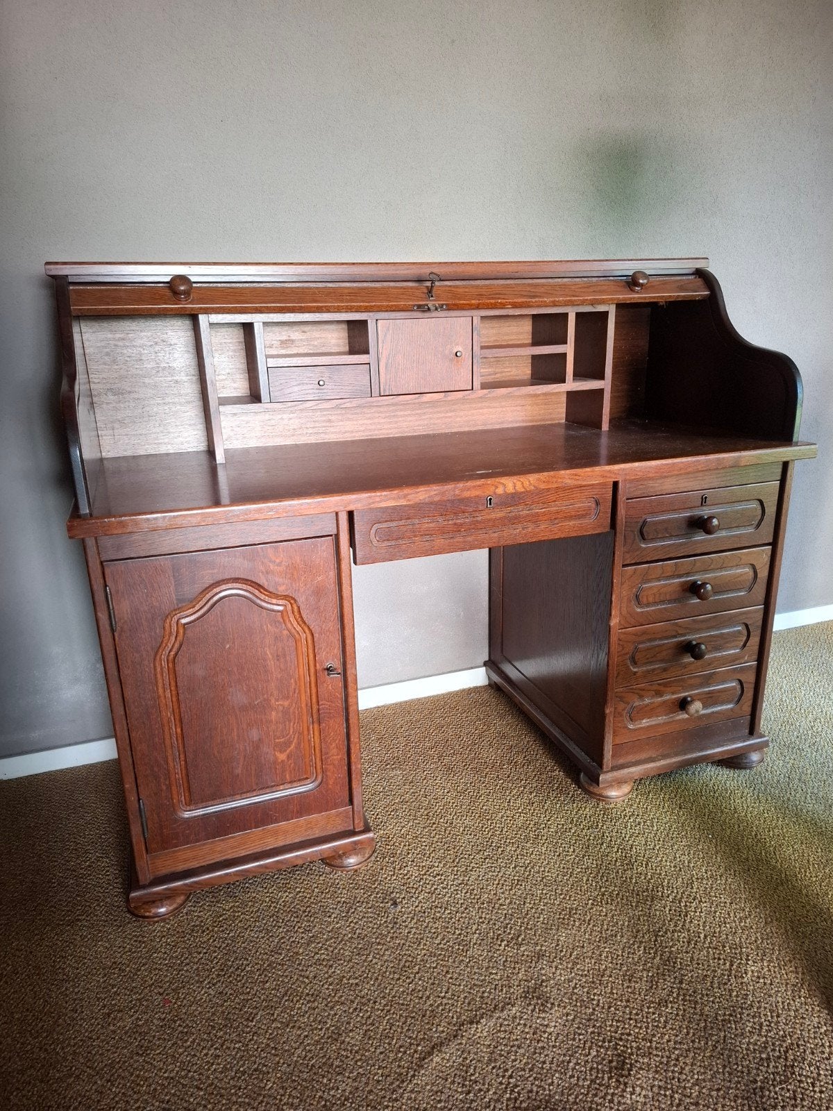 Antiek rolluikbureau van hout, Huis en Inrichting, Ophalen, Met lades, Gebruikt, Hout