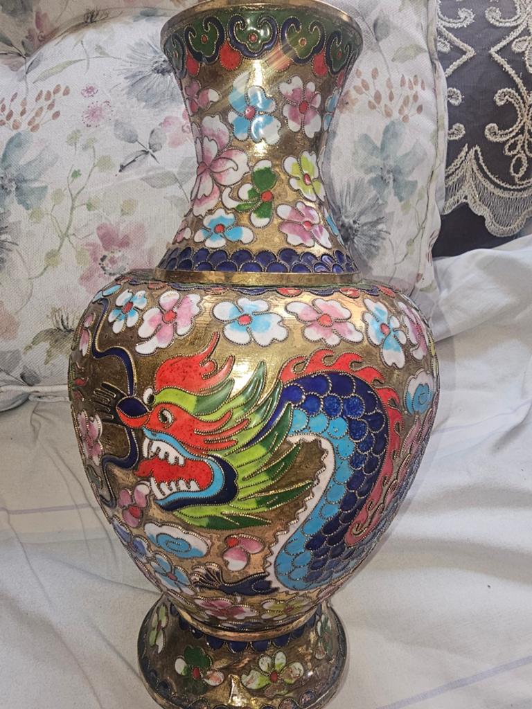 Antieke Chinese Cloisonné Vaas met Draken en Bloemen, Antiek en Kunst, Ophalen of Verzenden