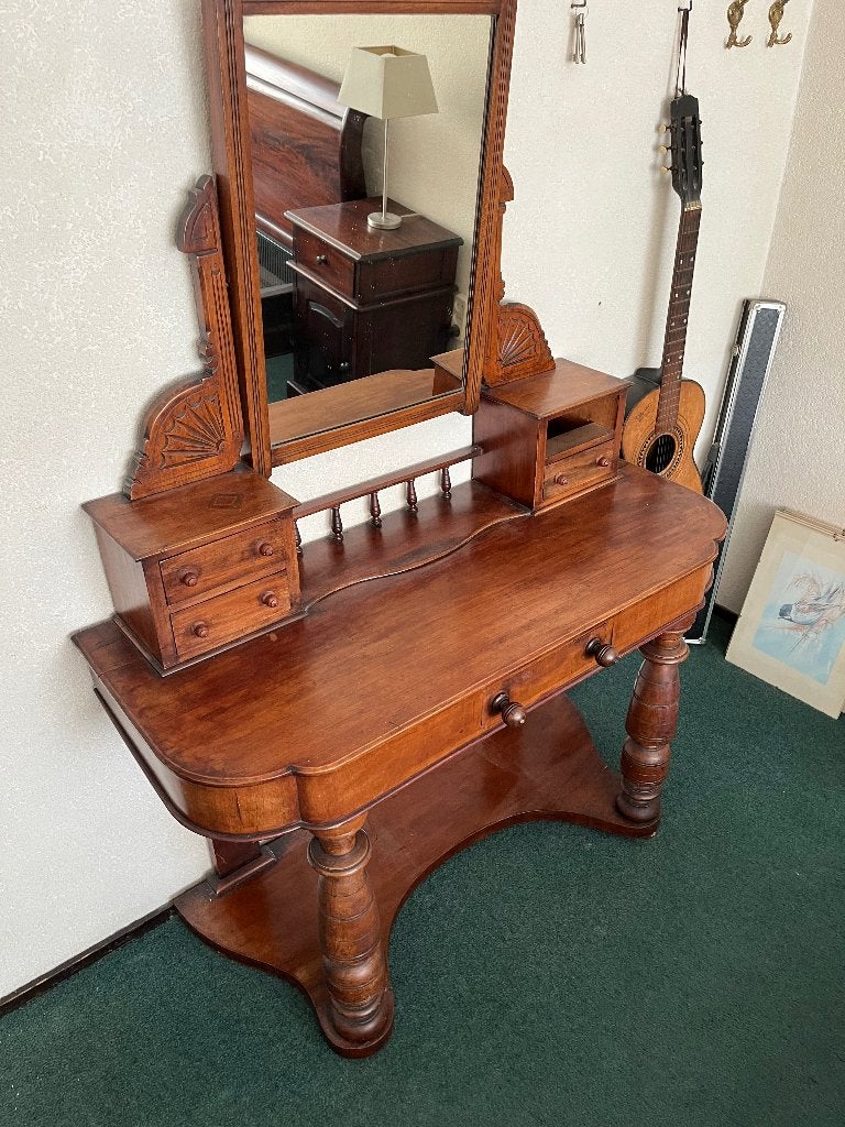 Antieke Mahoniehouten Kap/toilettafel met Kantelbare Spiegel, Ophalen, Rechthoekig, 100 tot 150 cm, 100 tot 150 cm