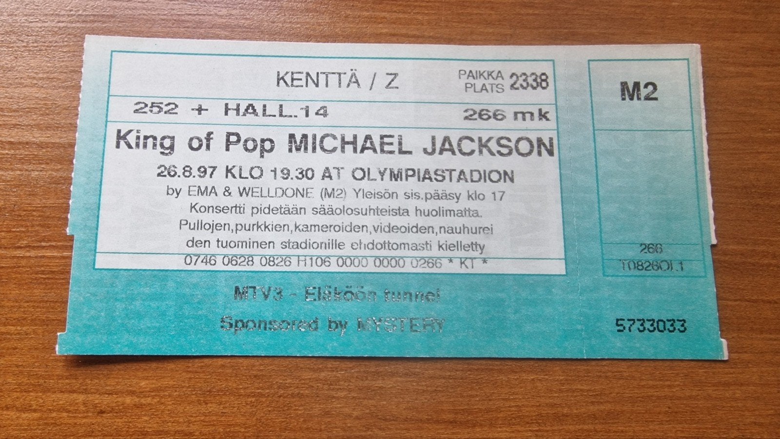 Finland Helsinki HISTORY TOUR CONCERT TICKET MICHAEL JACKSON, Verzenden, Zo goed als nieuw, Foto of Kaart