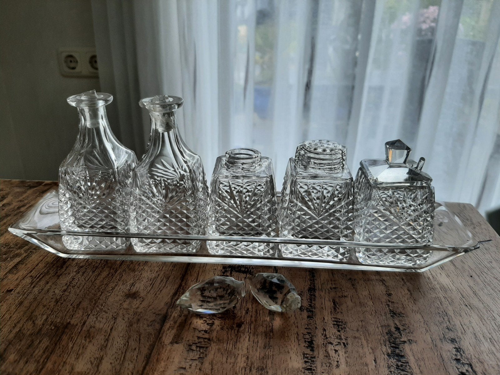 Antieke Kristallen Olie- en Azijnstel met Dienblad, Ophalen of Verzenden
