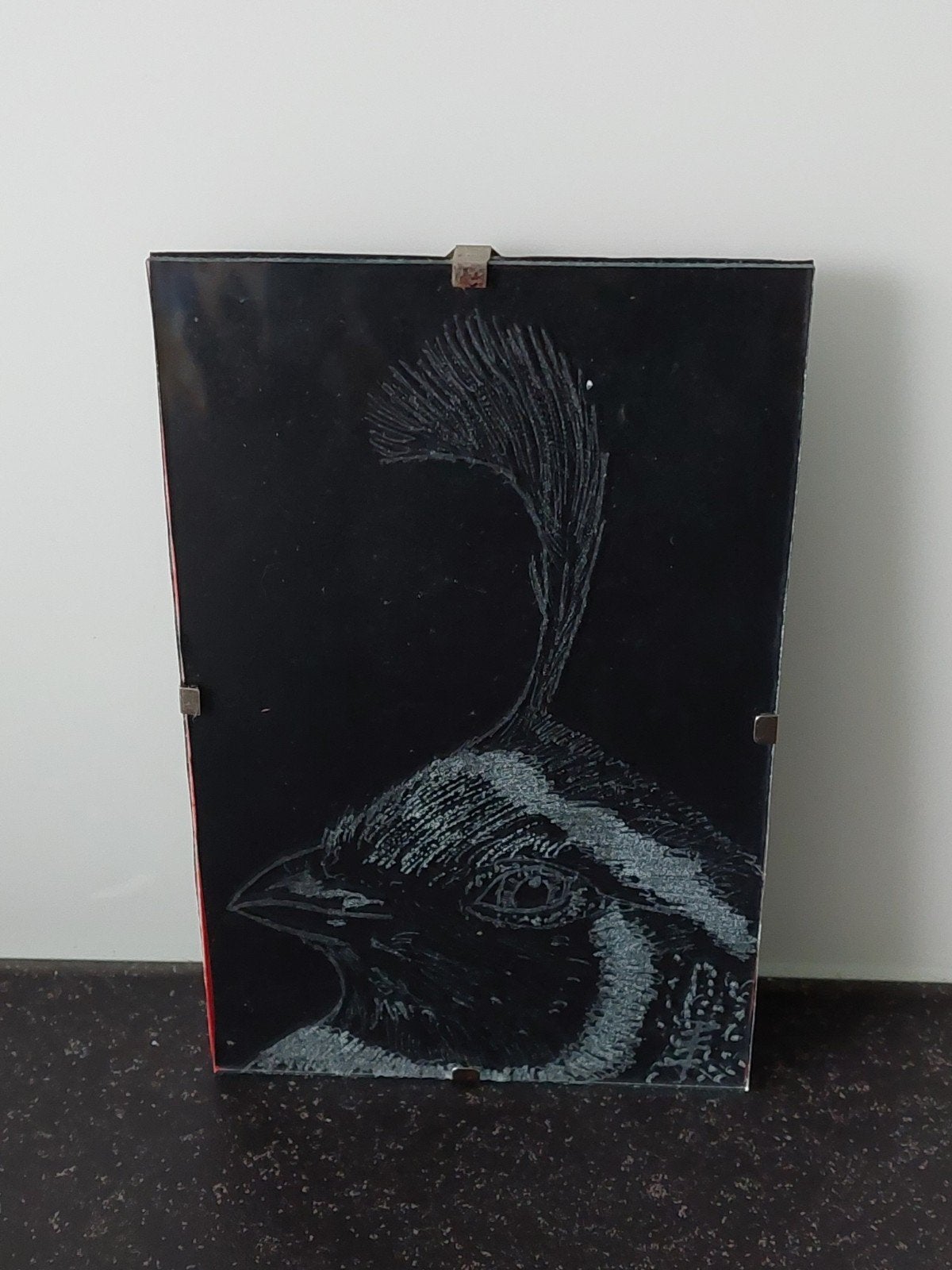 Handgemaakt gravure in glas van kwartel 10x15cm schilderij, Minder dan 50 cm, Nieuw, Ophalen of Verzenden, Schilderij