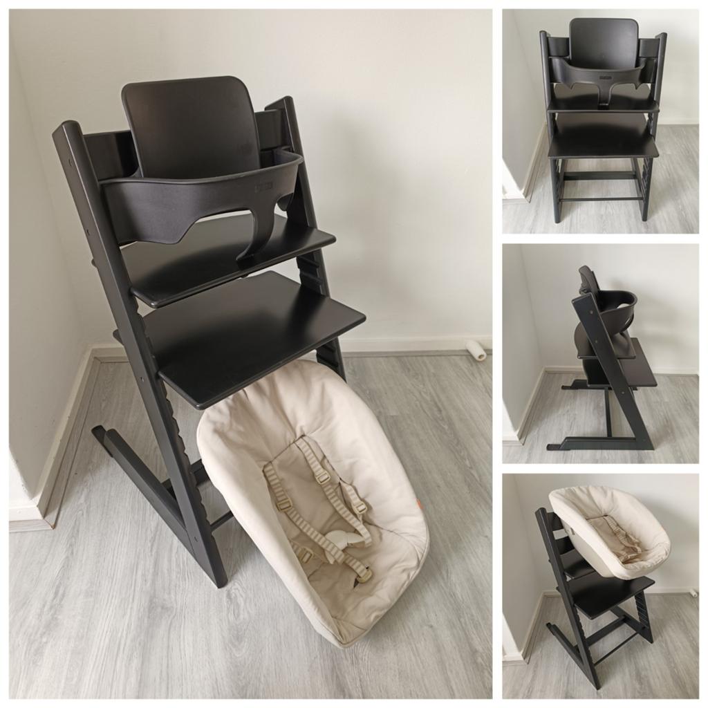 ZGAN! Stokke Tripp Trapp zwart met babyset en newbornset, Kinderen en Baby's, Kinderstoelen, Ophalen of Verzenden, Zo goed als nieuw