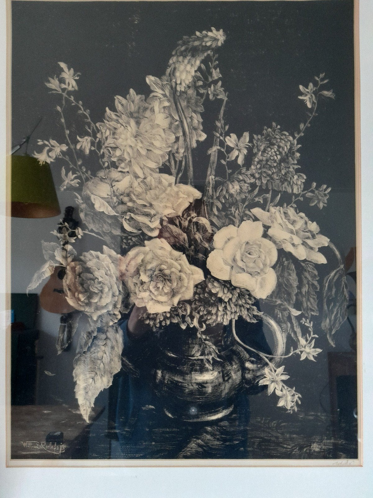 Litho Willem Roelofs Jr. - Bloemenstilleven (ca. 40x54 cm), Antiek en Kunst, Ingelijst, Ophalen, Overige onderwerpen, Lithografie