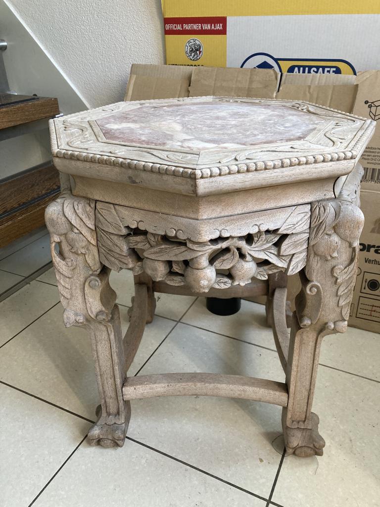 tafeltjes chinees antiek vintage houtsnijwerk marmer, Minder dan 55 cm, Rond, Zo goed als nieuw, Hout