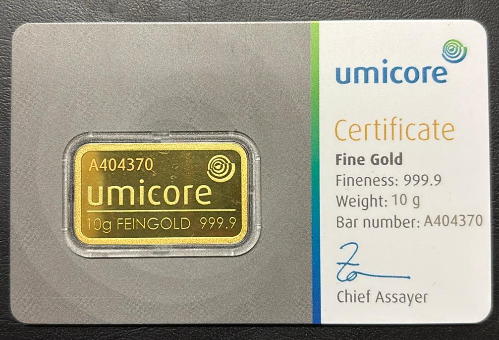 10 gram goudbaar umicore 6% boven koers, Ophalen of Verzenden, Goud