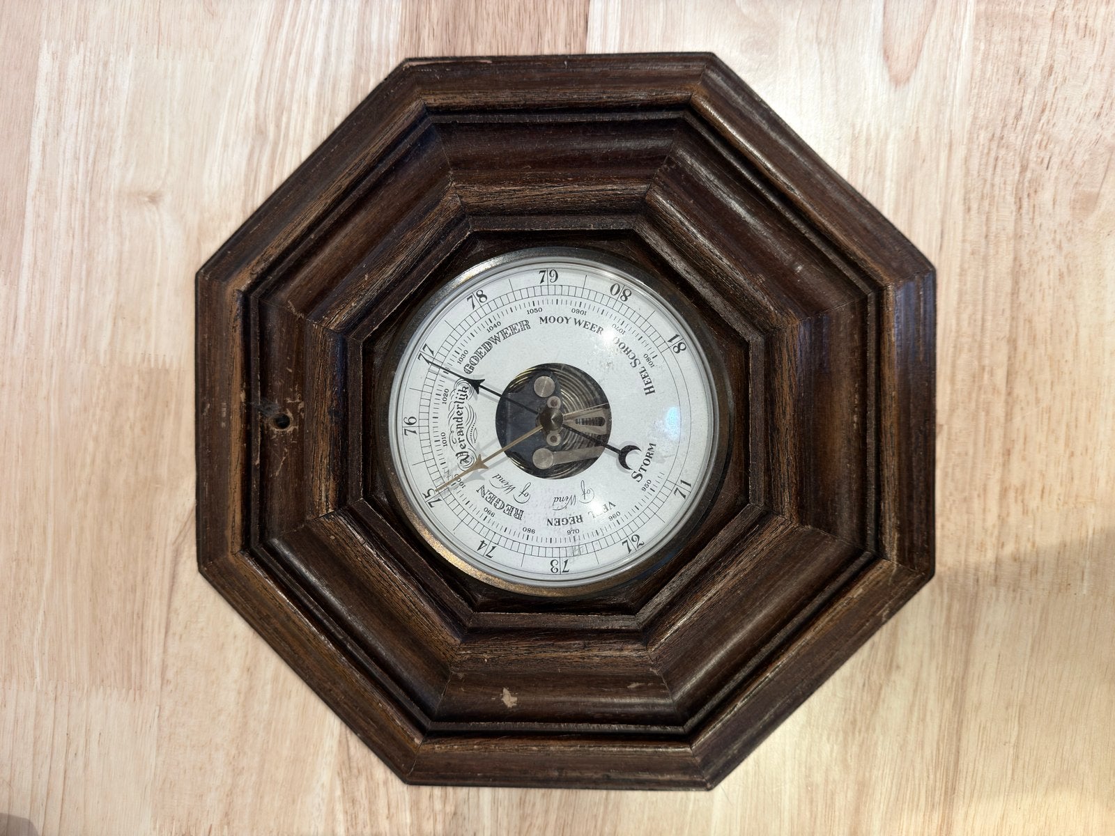 Antieke Barometer - Houten Octagonale Weerstation, Ophalen of Verzenden, Gebruikt, Barometer