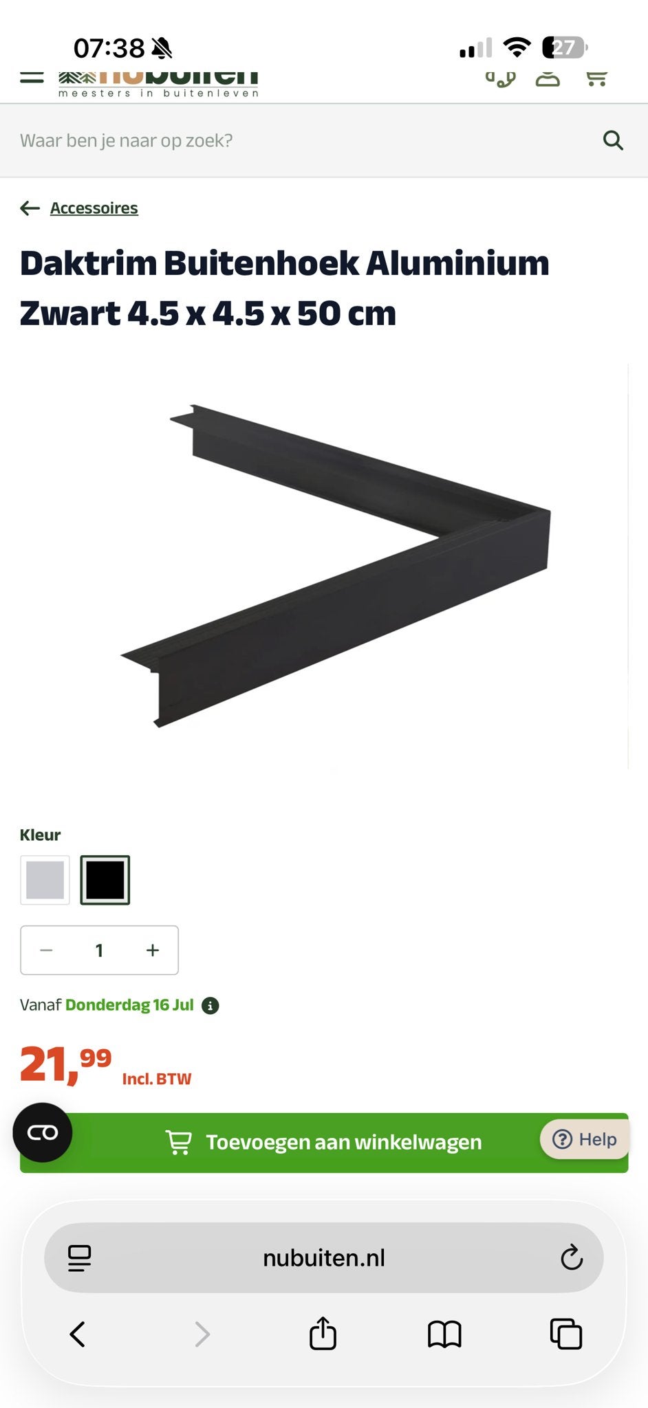 Daktrim Buitenhoek Aluminium Zwart 4.5x4.5x50 cm 2 stuks, Ophalen, Overige materialen, Minder dan 100 cm, Lijsten
