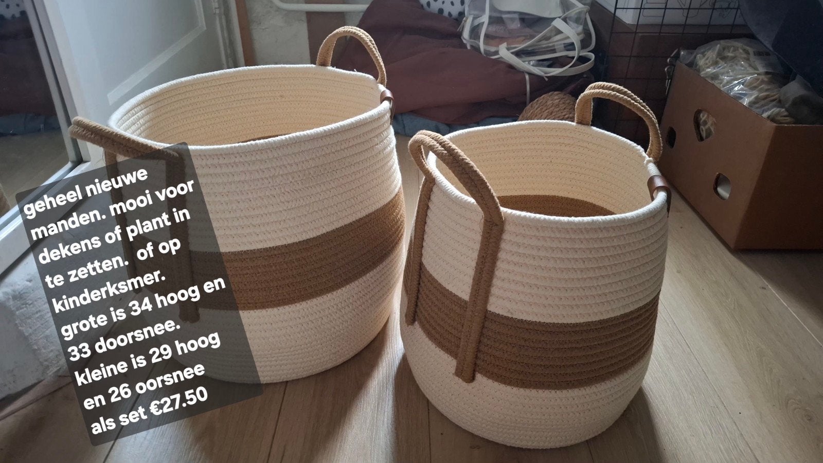 Set van 2 nieuwe manden voor dekens, planten of kinderkam8er, Huis en Inrichting, Woonaccessoires | Schalen en Manden, Ophalen