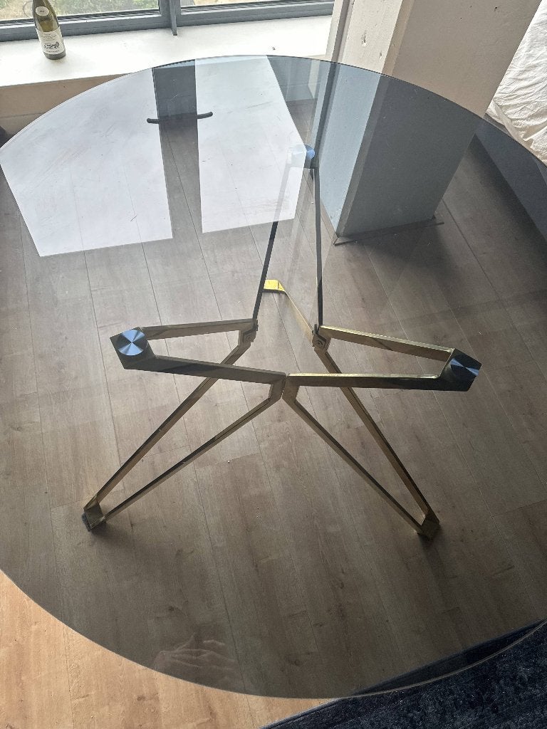 Ronde Polspotten glazen tafel met gouden onderstel, Huis en Inrichting, Tafels | Eettafels, Ophalen, Rond, Nieuw, Glas