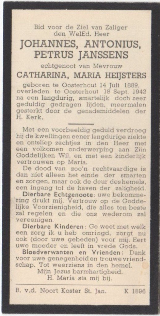Johannes A.P. Janssens 1889 Oosterhout + 1942 Oosterhout, 53, Ophalen of Verzenden