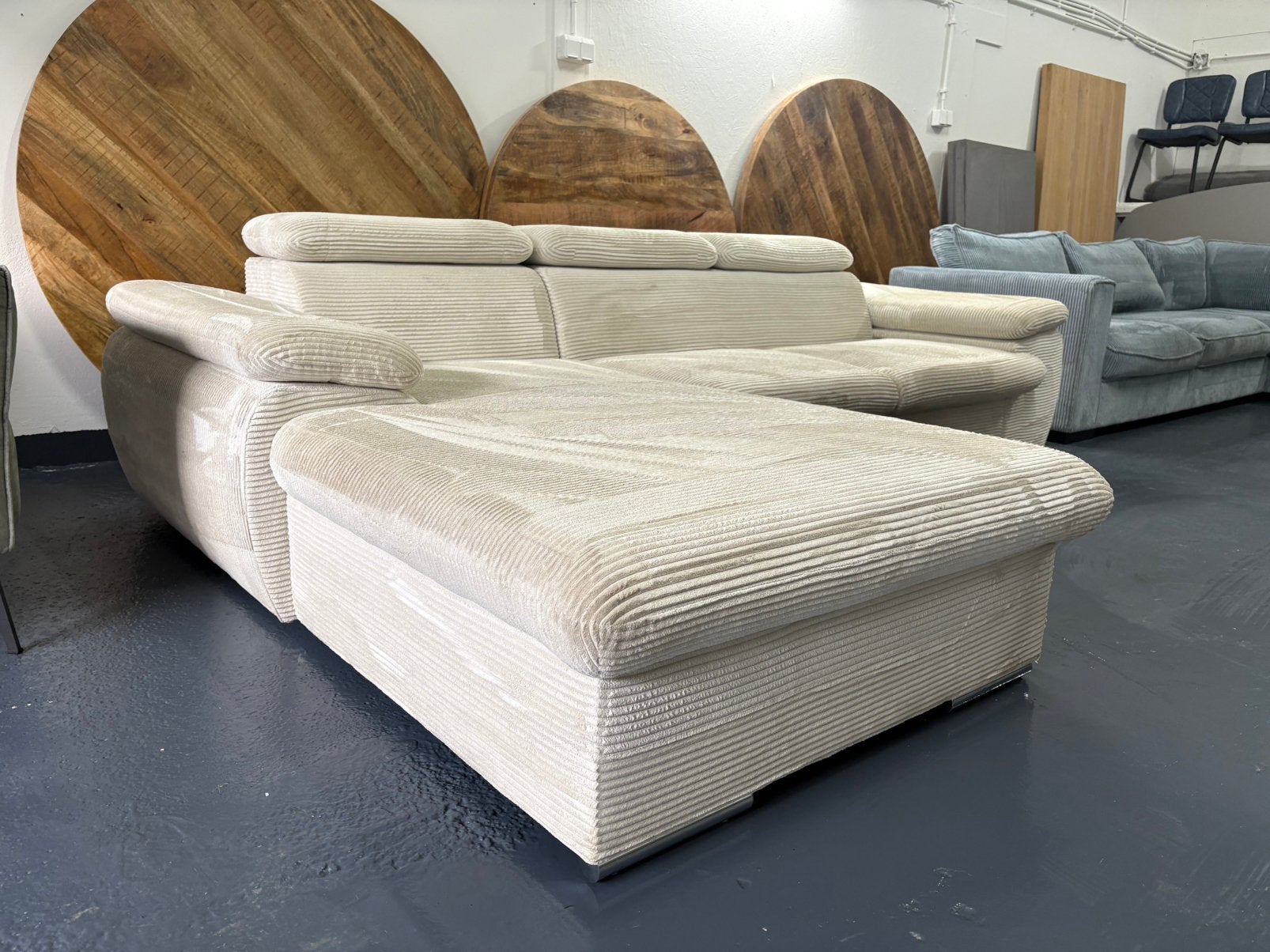 Beige Ribstof Hoekbank, Ophalen, Zo goed als nieuw, 150 cm of meer, Vierpersoons of meer