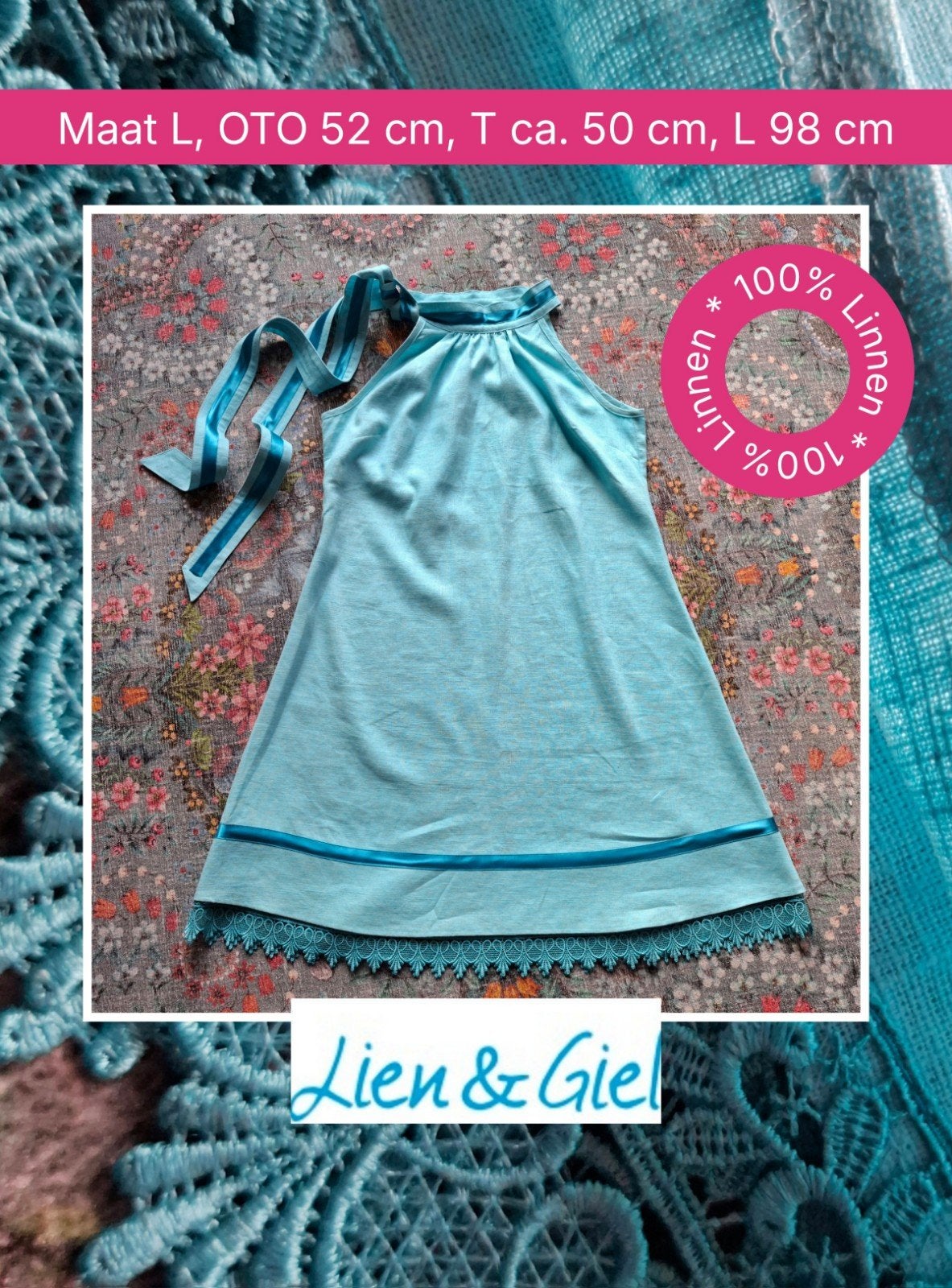 Lien & Giel linnen zomerjurk aquablauw, K, zgan, Maat 42/44 (L), Zo goed als nieuw, Knielengte, Lien & Giel