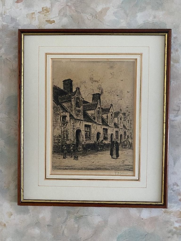 Ets  ,  Brugge, Antiek en Kunst, Ophalen of Verzenden, Stadsgezicht, Ets