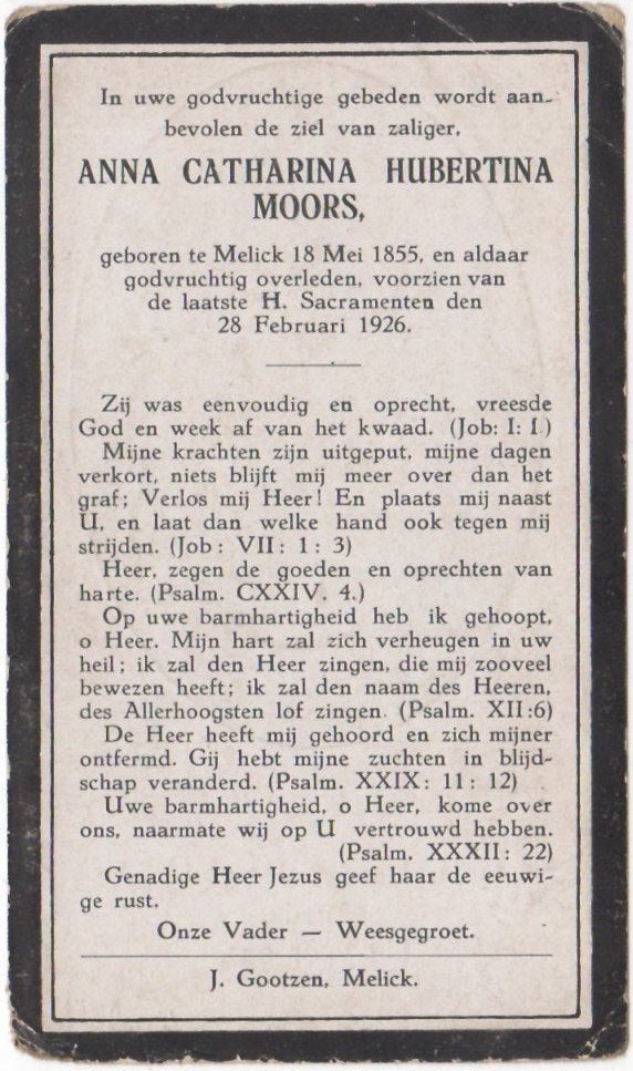 Anna Catharina H. Moors 1855 Melick + 1926 Melick, 70 jaar, Verzamelen, Bidprentjes en Rouwkaarten, Ophalen of Verzenden