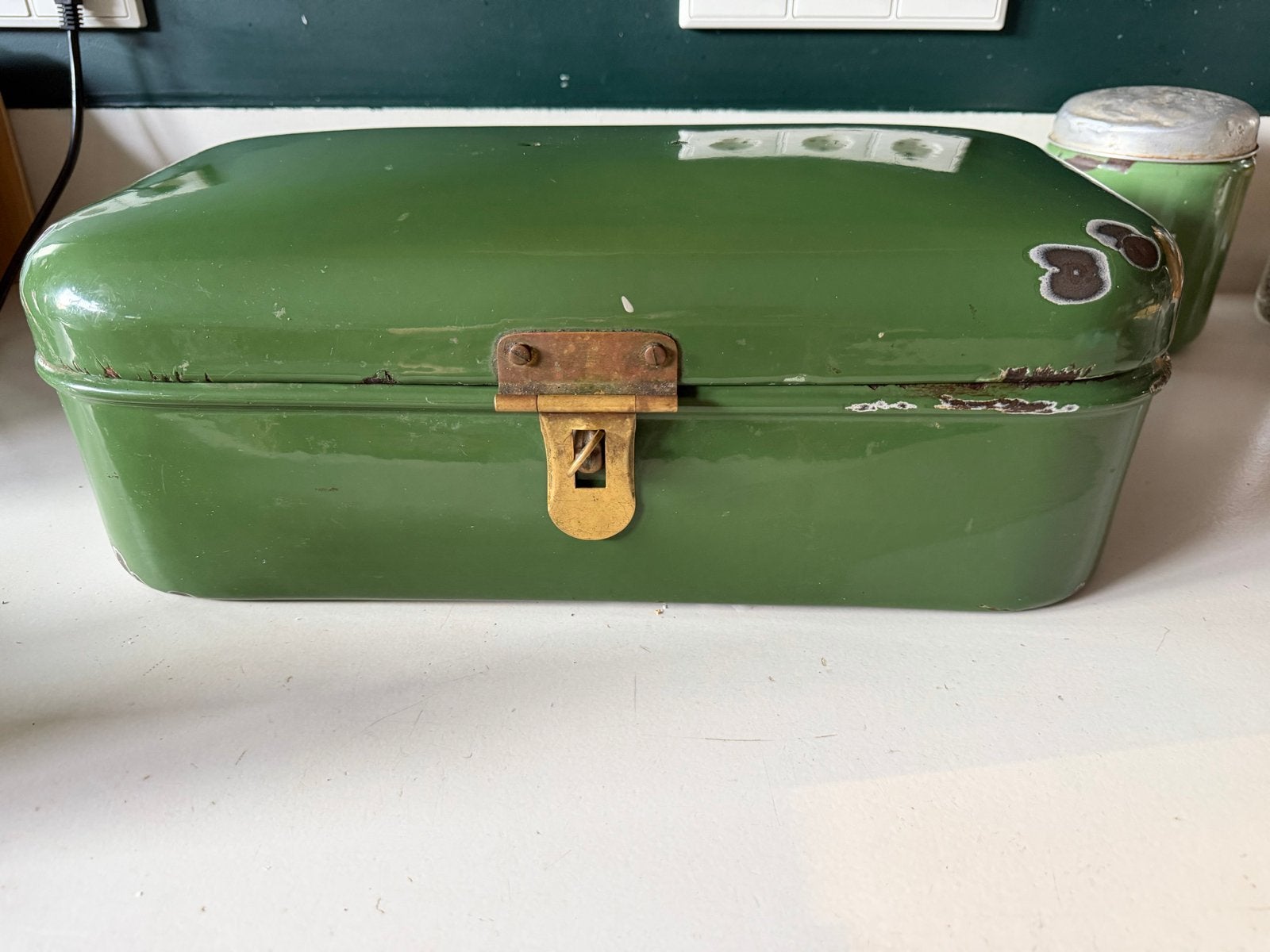 Vintage Groene Emaille Broodtrommel, Antiek en Kunst, Ophalen of Verzenden