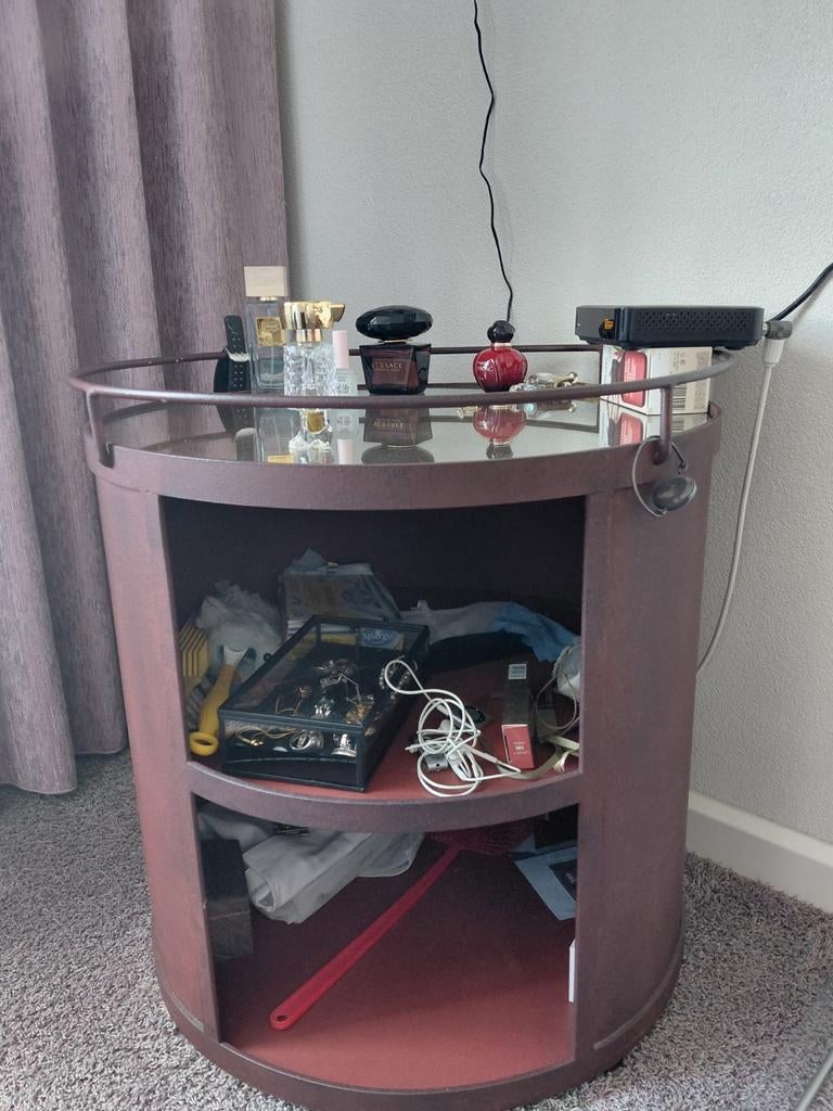 Stalen bijzettafel/trommel tafel, Ophalen, Rond, Glas, Minder dan 55 cm