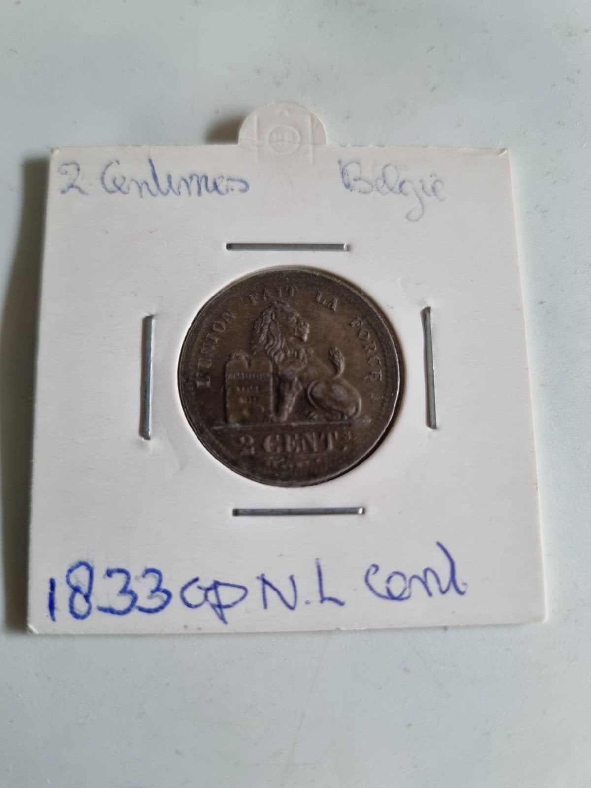 België: een zeer schaarse 2 centimes 1833 op Ned. 1/2 cent, Postzegels en Munten, Ophalen of Verzenden, Brons, Losse munt