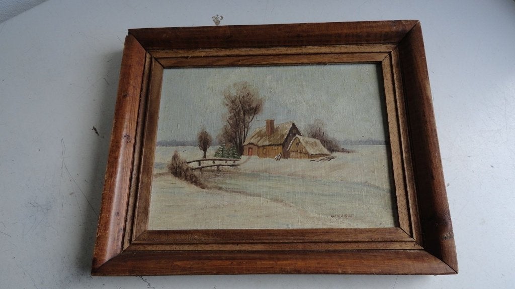Schilderij, winterlandschap W.Kuiper, ingelijst, Paneel, Ophalen of Verzenden, Landschap, Olieverf