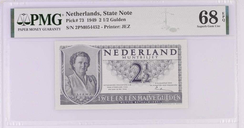 UNC biljet 2,5 gulden Juliana, 1949 | PMG 68 EPQ, Ophalen of Verzenden