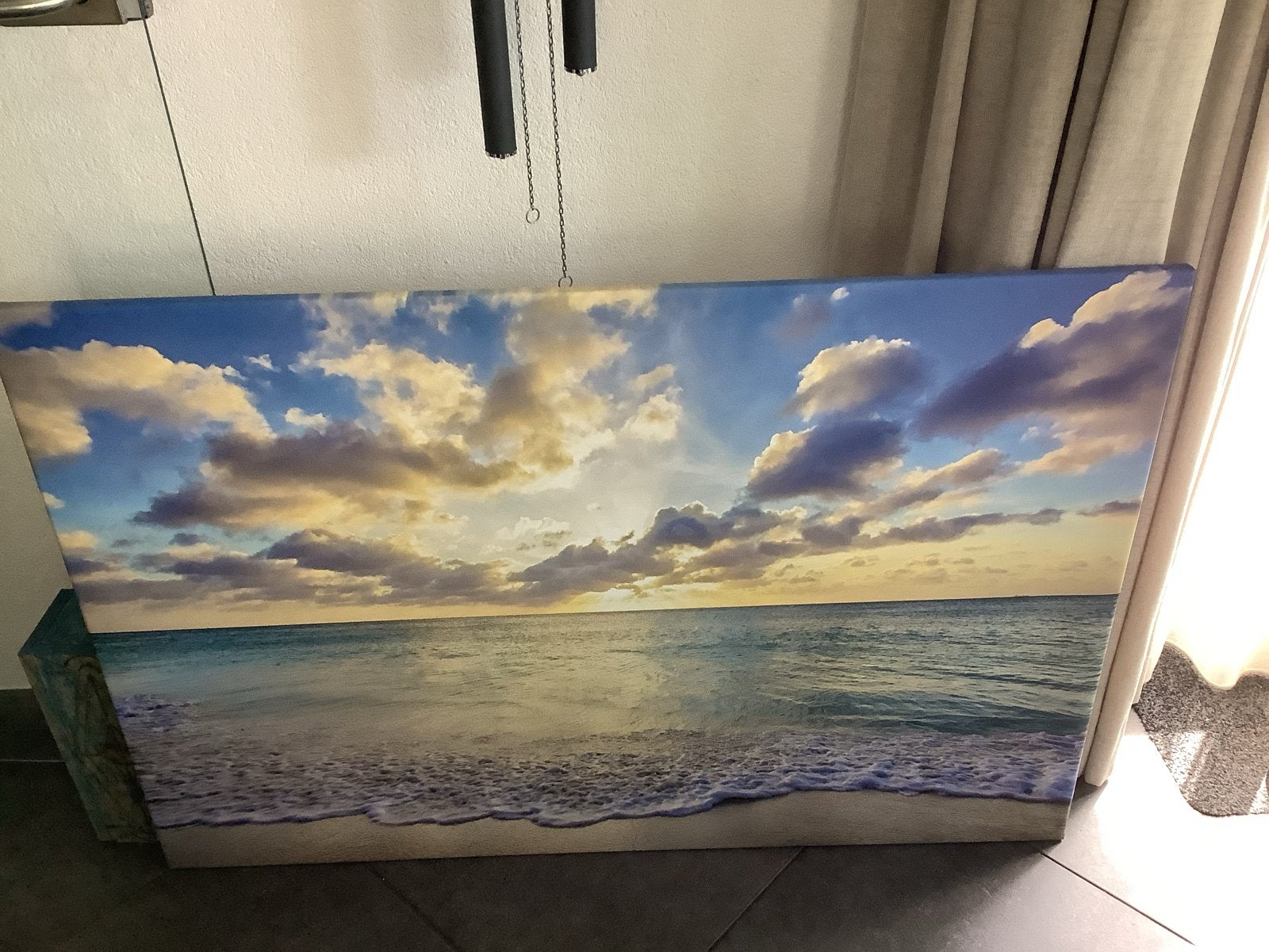 Schilderij zonsondergang strand en zee, Ophalen, Gebruikt, Schilderij, 100 tot 125 cm