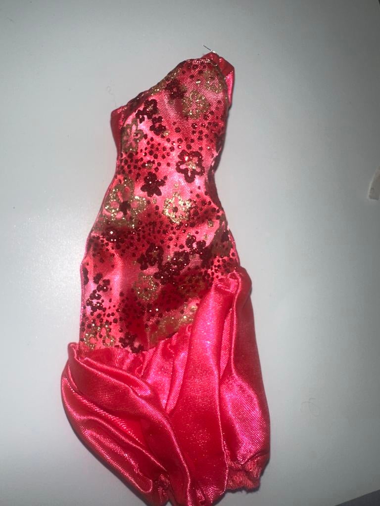 458 sassy Vintage Barbie Jurk - Rode Glitter Bloemen, Ophalen of Verzenden, Gebruikt