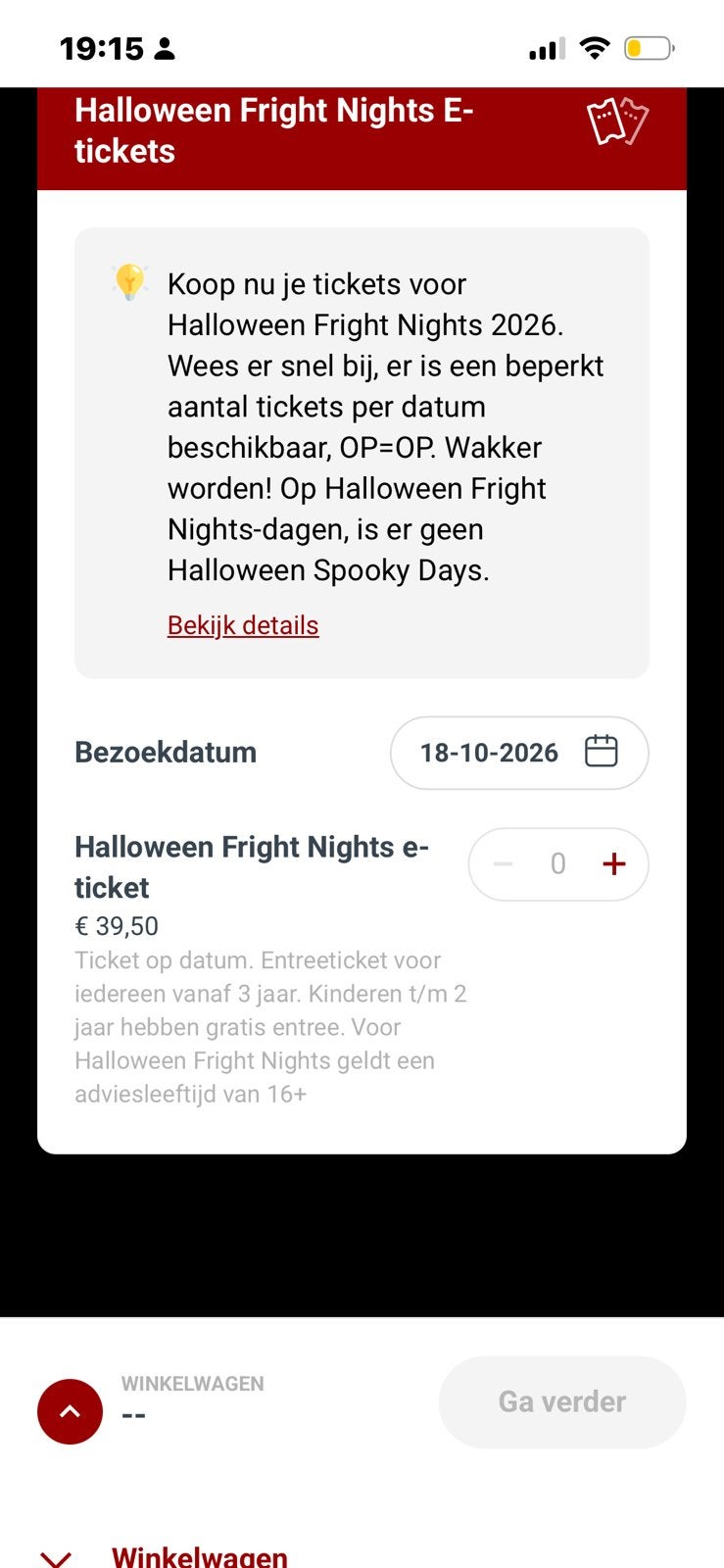Te koop 3 tickets zondag 18/10 Walibi fright night, Drie personen of meer, Overige soorten, Pretpark