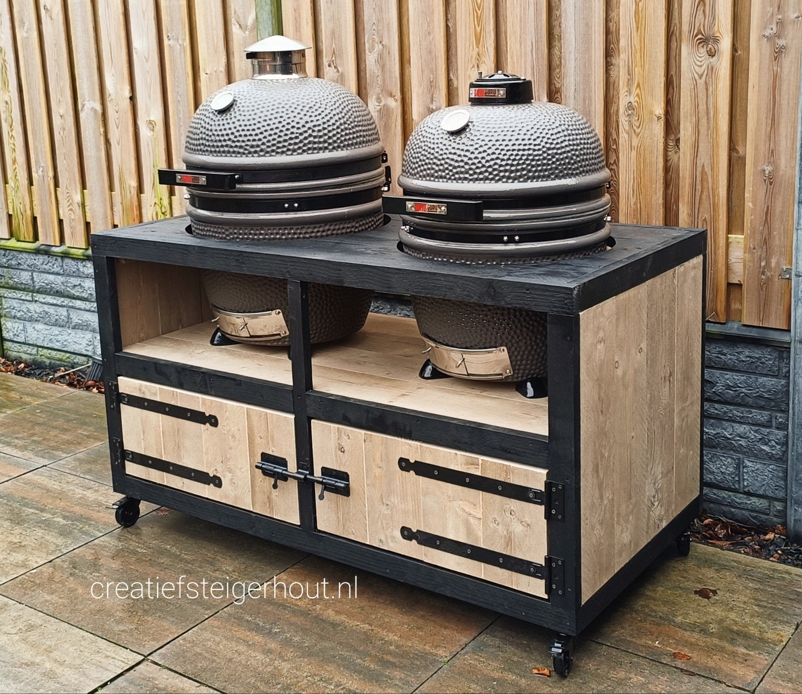 Barbecue meubel met wielen grill kamado steigerhout tuin bbq, Verzenden, Nieuw, Houtskool, Inbouw