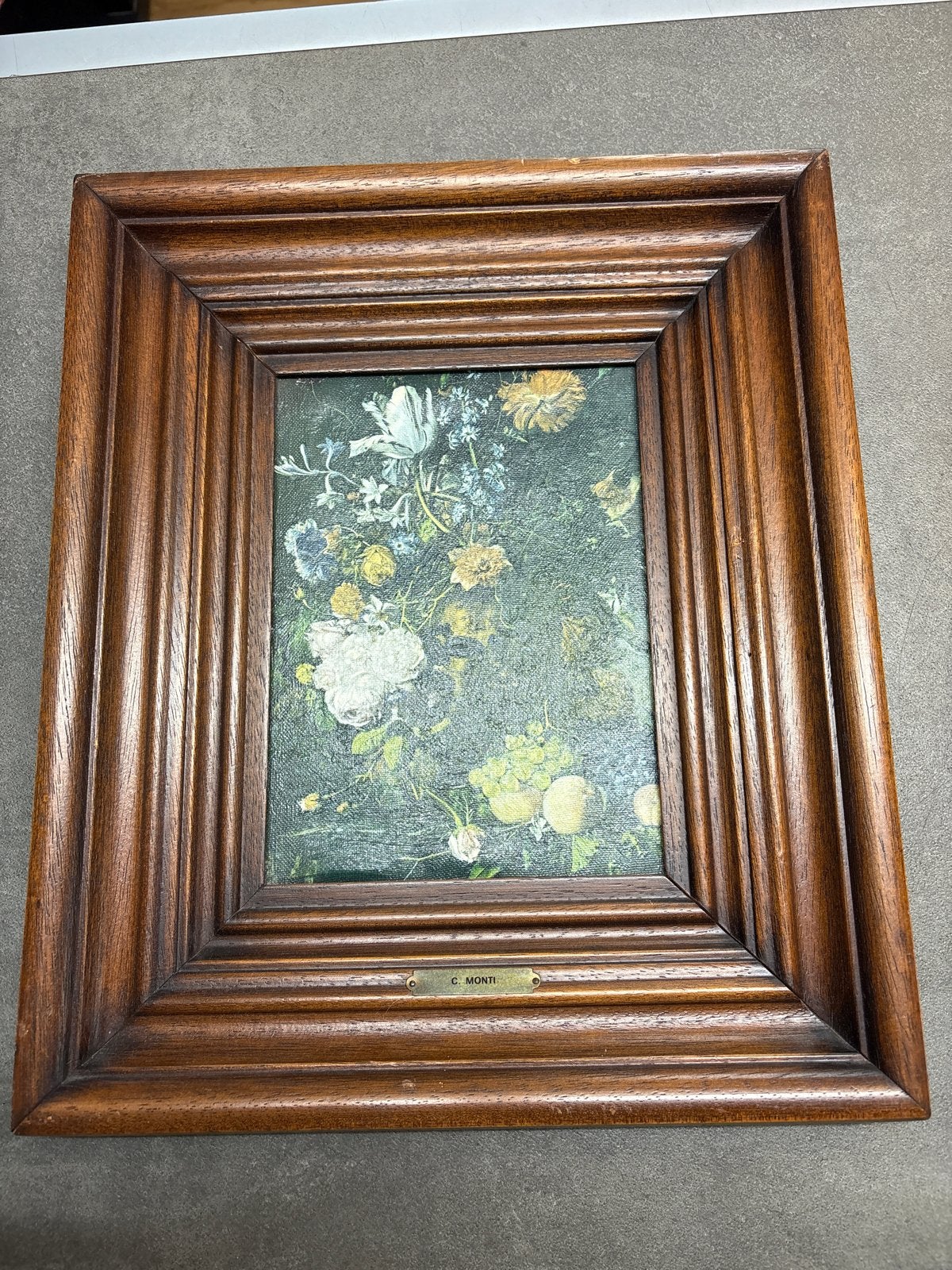 Schilderij C. Monti - Bloemen en fruit stilleven, Doek, Stilleven, Ophalen of Verzenden, Olieverf
