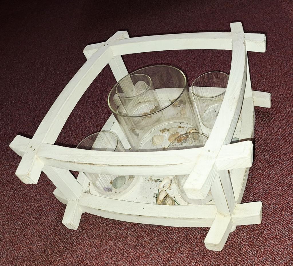 Windlicht Kandelaar 🕯🕯 White Wash Deco Theelicht Schelpen, Ophalen, Wit, Zo goed als nieuw, Kandelaar