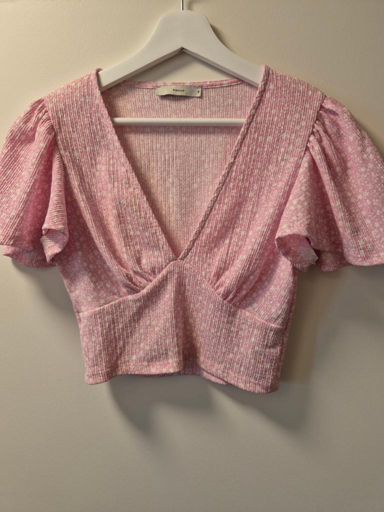 Roze crop top met pofmouwtjes en bloemenprint, Kleding | Dames, Tops, Ophalen of Verzenden, Zo goed als nieuw, Korte mouw, Roze