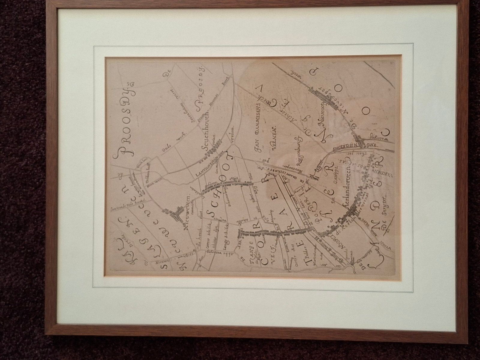 Antieke kaart van Proosdij en Schoot, ingelijst, Ingelijst, 1800 - 1899, Ophalen of Verzenden, Overige technieken