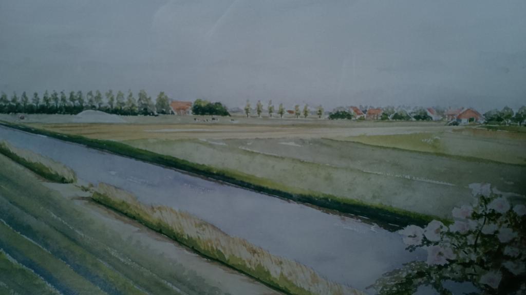 Aquarel Landschap met Water en Huizen - Gesigneerd Trix, Antiek en Kunst, Ophalen of Verzenden
