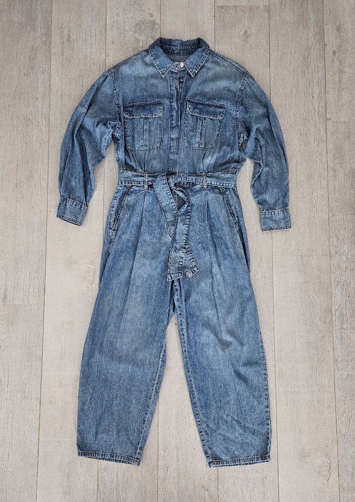 H&M blauwe denim jumpsuit enkellang maat 46 - zgan, Kleding | Dames, Ophalen of Verzenden, Zo goed als nieuw, Maat 46/48 (XL) of groter