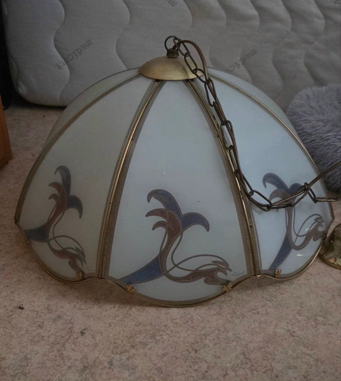 Vintage hanglamp met glas-in-lood effect, puntgaaf, Ophalen of Verzenden