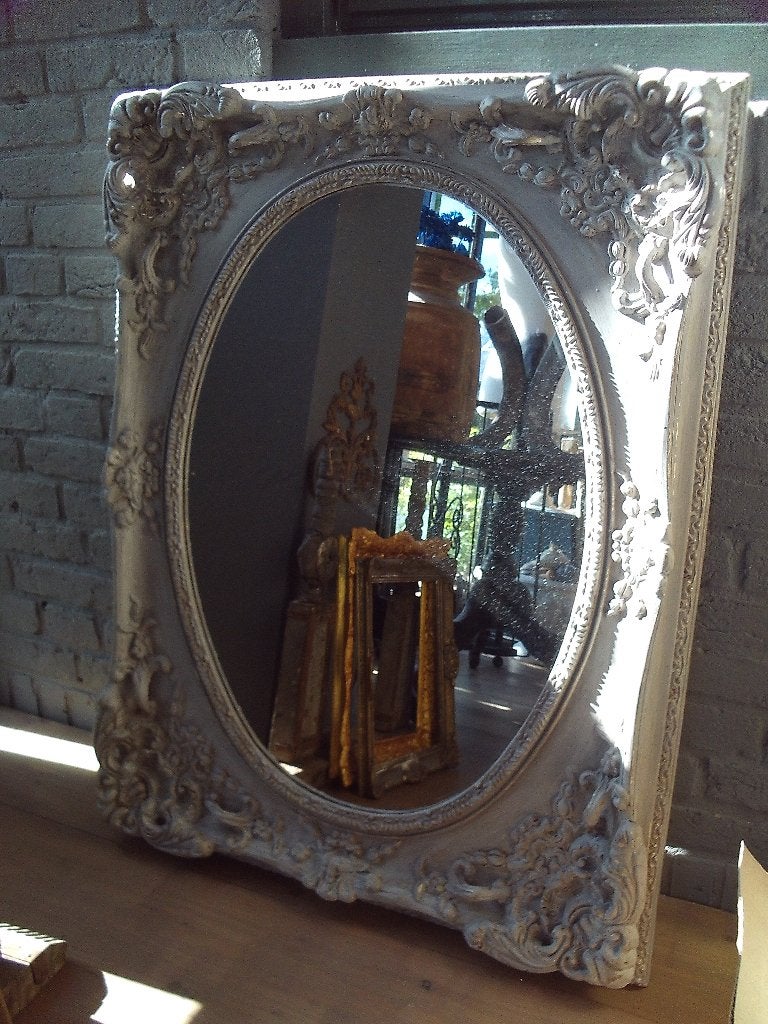 Ovale grijze barok spiegel/schouwspiegel, Huis en Inrichting, Ophalen, Gebruikt, Minder dan 100 cm, Ovaal