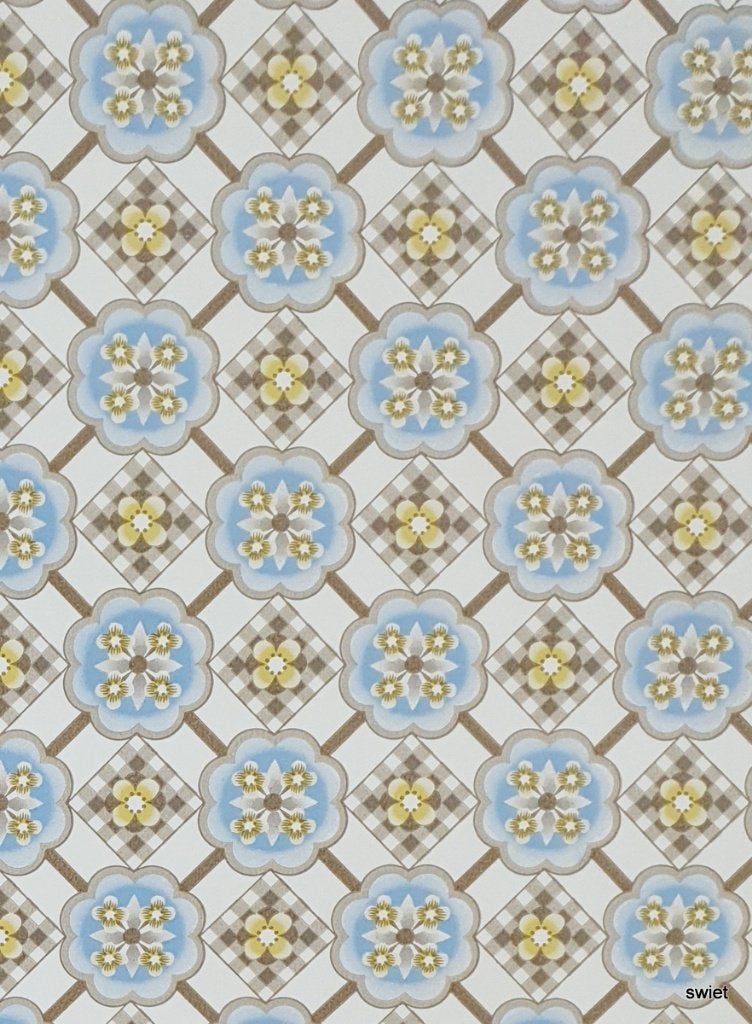 12932 Origineel vintage 70s ruit behang met bloemen swiet, Ophalen of Verzenden, Blauw