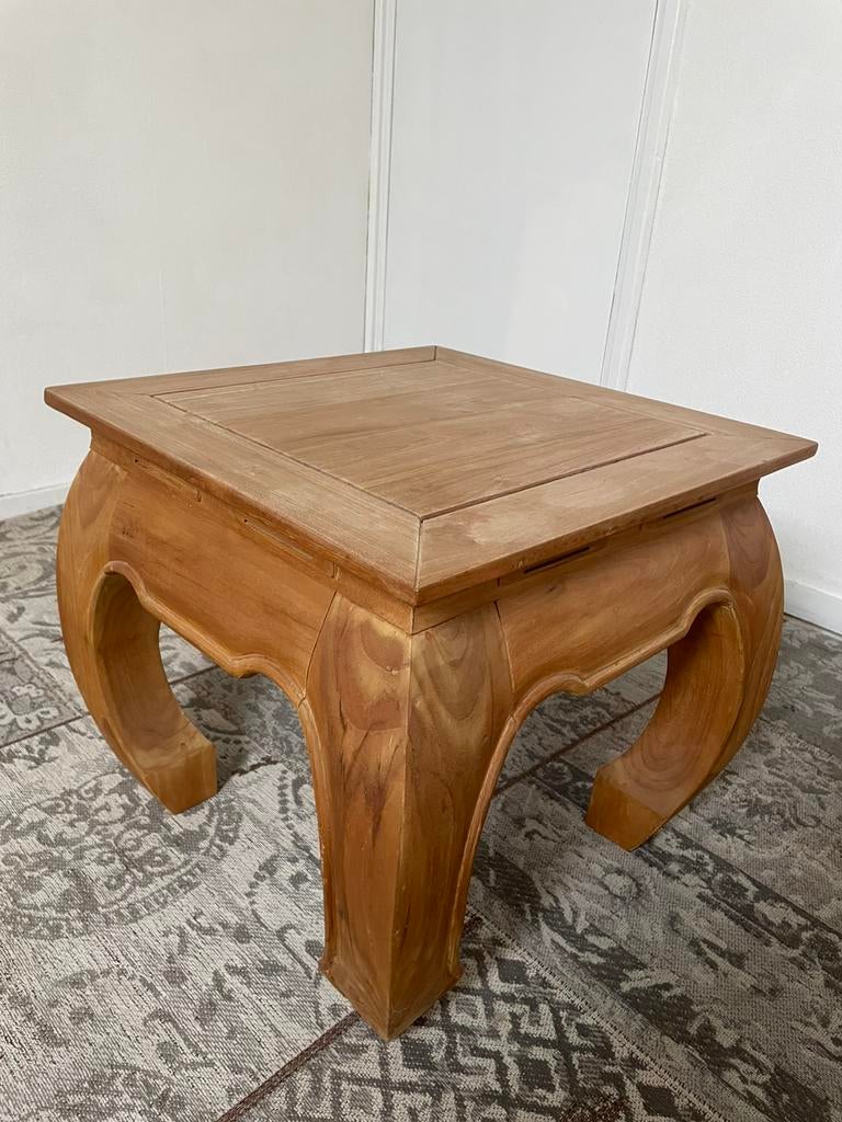 Opiumtafeltje van teakhout 50x50 en 45 hoog, Ophalen, Gebruikt, 50 tot 100 cm, Tot twee personen