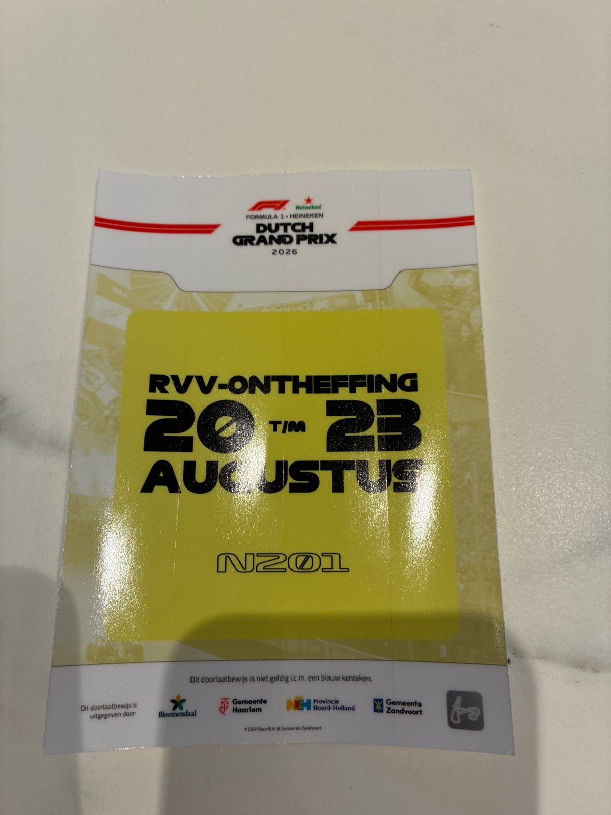 Ontheffing F1 Zandvoort. Doorlaatbewijs.