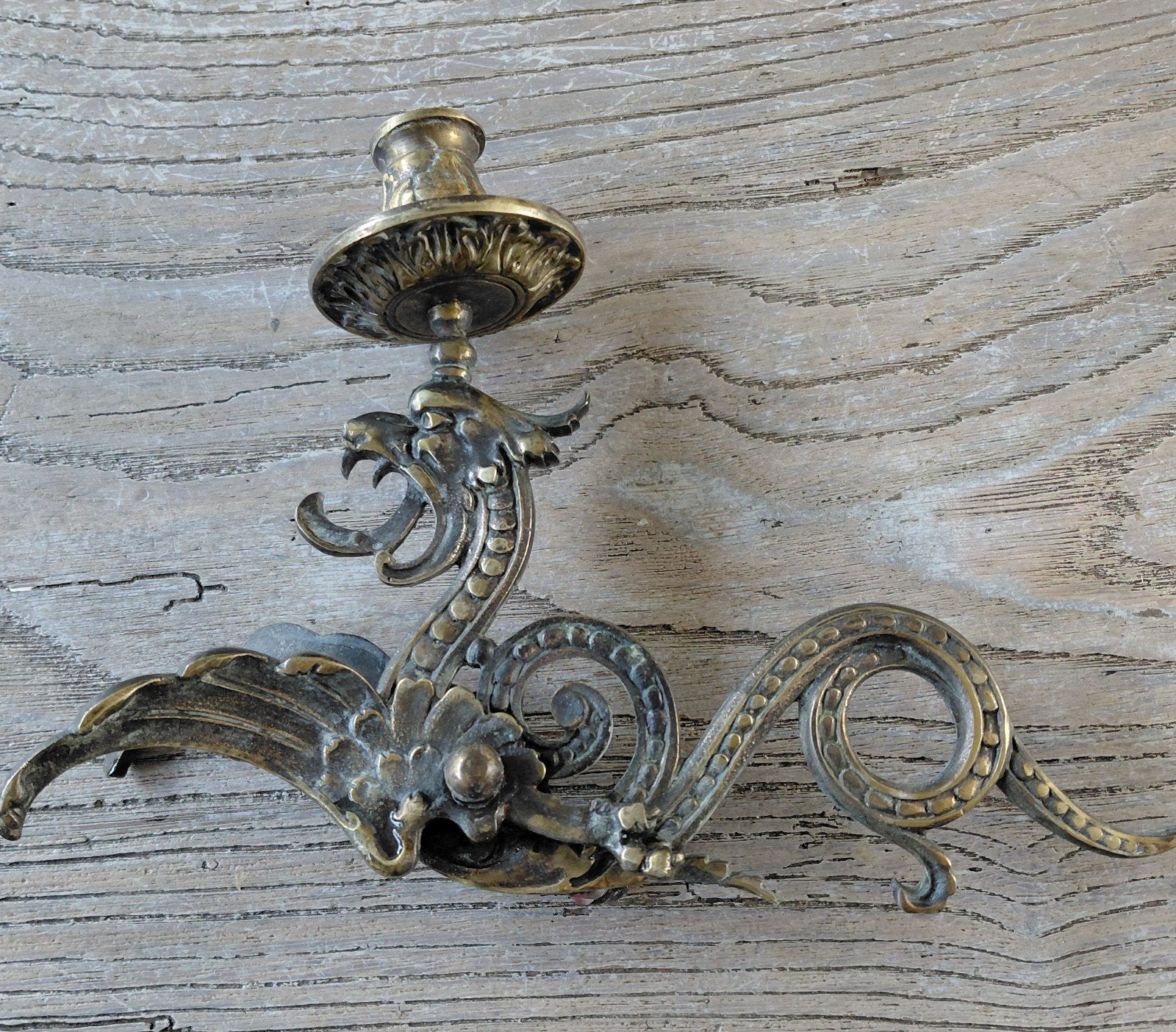 Antieke bronzen staande draak kandelaar, Ophalen of Verzenden, Koper of Brons